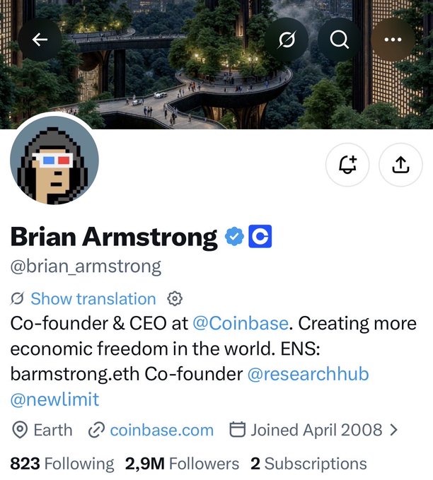 Brian Armstrong's Twitter/X profile showing him as Co-founder & CEO of @Coinbase with 2.9M followers, featuring a futuristic green cityscape banner.