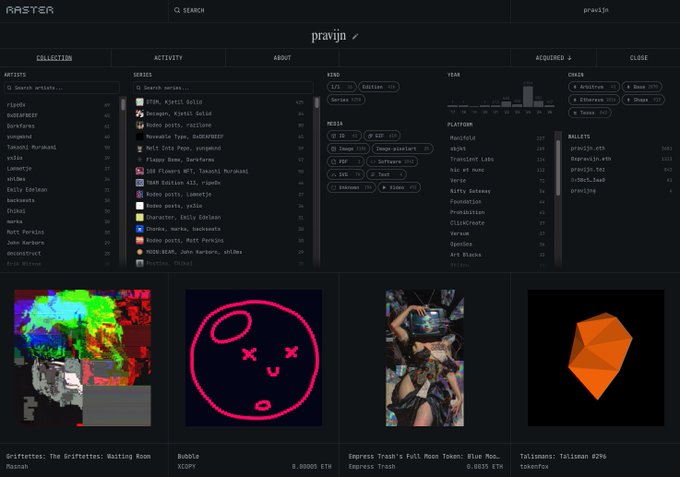A dark-themed web interface for "prayjn" displays NFT collection data with filters for artists, series, kinds, year, chain, and wallets, alongside artwork thumbnails.