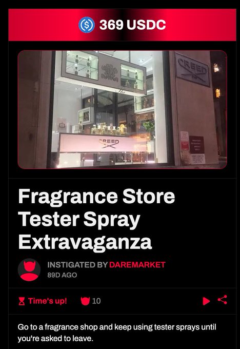 The image shows a DareMarket challenge titled "Fragrance Store Tester Spray Extravaganza" offering 369 USDC (approximately $370) to someone who goes to a fragrance shop and keeps using tester sprays until they're asked to leave, featuring a photo of the Creed perfume store window display. The poster questions who would pay money to sponsor such absurd behavior, finding the challenge bizarre and comedic in nature.