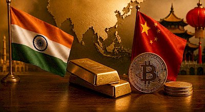 A promotional image featuring the flags of India and China alongside gold bars and a Bitcoin coin, symbolizing the economic and cryptocurrency relationship between the two nations.