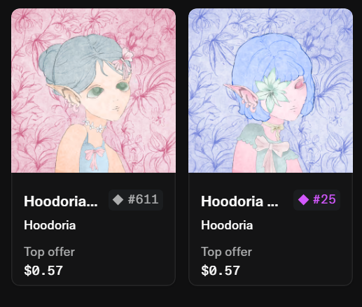 Two digital collectible cards from a Hoodoria NFT collection, each featuring an illustrated elf-like character with floral accessories (#611 with blue hair on a pink floral background, and #25 with blue hair and a white flower on a blue floral background), both with a top offer of $0.57, matching the post about minting two Hoodoria NFTs alongside two Fuego NFTs.