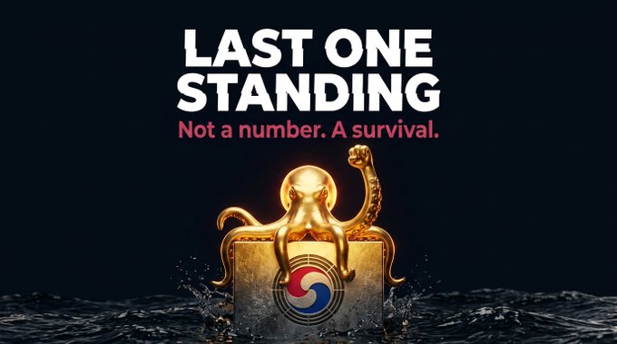 A dark promotional graphic features the bold white headline "LAST ONE STANDING" with a red tagline reading "Not a number. A survival." Below the text, a golden octopus emerges from a treasure chest bearing the South Korean flag (Taegukgi), emerging from dark, churning waters—visually reinforcing the post's message that worth is measured by endurance, not numbers, on the KCG challenge.