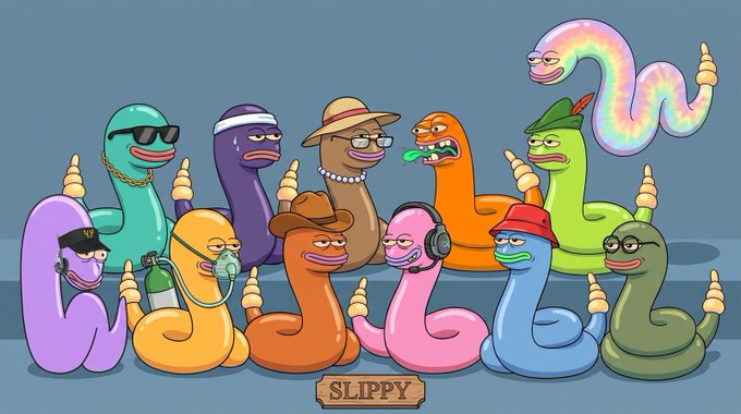 A colorful cartoon illustration of a group of worm-like characters with various accessories (sunglasses, hats, headphones) gathered around a wooden sign that reads 'SLIPPY'.