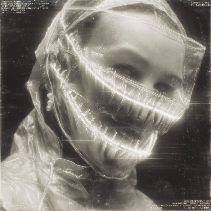 A monochromatic digital artwork shows a person wearing a transparent plastic hood and a clear futuristic face mask with glowing light strips, set against a dark background with glitchy text.