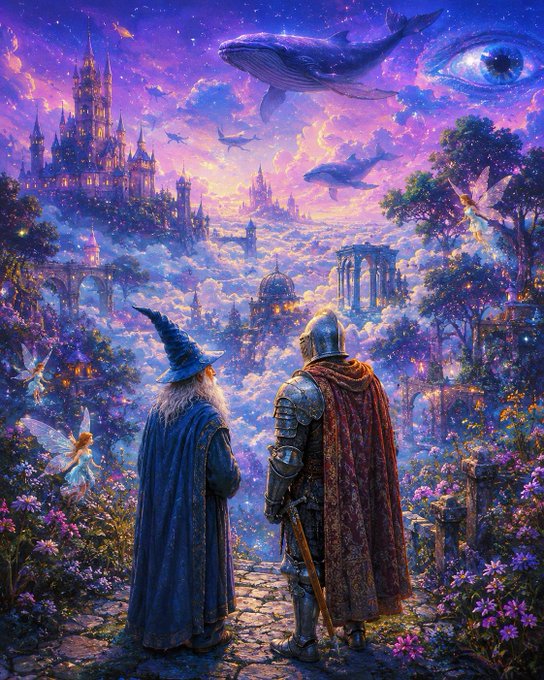 A vibrant fantasy artwork showing a wizard and an armored knight standing on a path, looking out over a magical landscape with castles, a giant blue whale in the sky, and a large celestial eye.