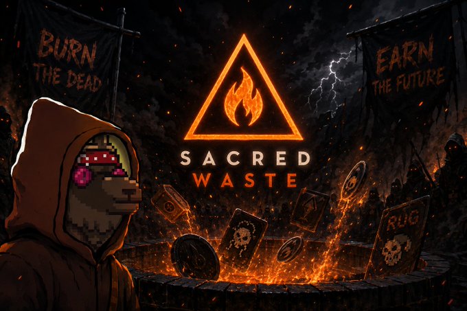 A hooded, pixelated figure stands before a flaming pit of burning cards and tokens, with banners reading "BURN THE DEAD" and "EARN THE FUTURE" flanking the glowing "SACRED WASTE" logo—visually reinforcing the project's Proof of Burn mechanics where users sacrifice dead NFTs and tokens in exchange for $WASTE rewards.