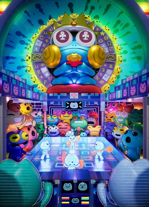 A vibrant NFT pinball-themed artwork featuring a large blue deity-like character with a crown and ankh symbols hovering above a glowing arcade playfield filled with cartoon animals and mummy figures. The image ties into the post as a creative visual break from the artist's work validating @TrustUsNFT whitelist spots and finalizing their upcoming mint date.