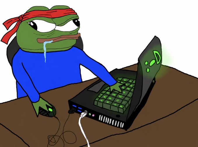 A cartoon illustration depicts the 'Computer Frog' meme—a green frog with a red headband drooling while intensely using a glowing green laptop.