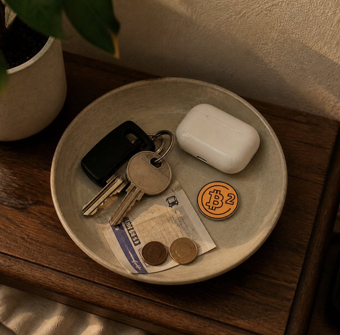 A ceramic dish on a wooden nightstand holds everyday carry essentials—keys with a black fob, a ticket stub, two coins, and AirPods—alongside an orange Bitcoin "B2" token, capturing the mix of traditional and crypto-ready items in a typical "usual" setup.