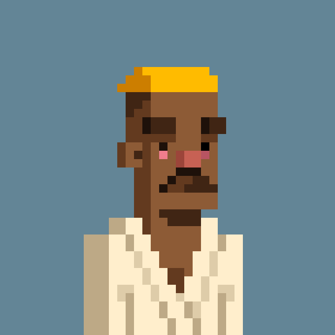 A pixel art portrait of a dark-skinned man with a yellow/orange top, wearing a white shirt, rendered in a blocky retro style against a solid gray-blue background.