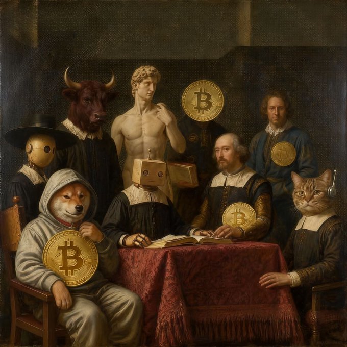 A Renaissance-style oil painting reimagines a classical scene with internet meme characters including Doge, a bull, and a cat, alongside figures in period clothing, prominently featuring Bitcoin coins and a cardboard robot head.