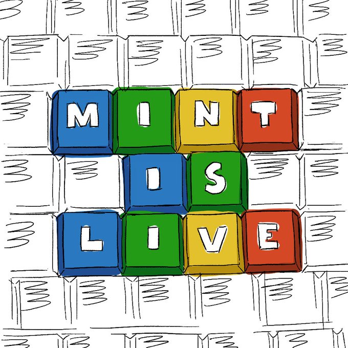 A hand-drawn illustration depicts colorful alphabet blocks spelling out "MINT IS LIVE" against a background of sketched, uncolored blocks resembling LEGO pieces, serving as a visual announcement that a mint collection on OpenSea is now available.