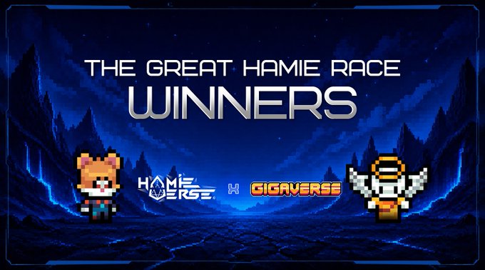 A pixel art style graphic announcing 'THE GREAT HAMIE RACE WINNERS' featuring a Hamieverse x GigaVerse collaboration with a hamster character and a winged warrior character against a starry blue background.