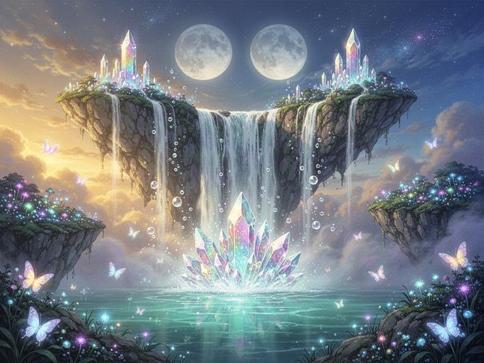 A fantasy digital artwork featuring two moons over floating islands with crystal formations, waterfalls, glowing butterflies, and a luminous crystal cluster rising from the water below.