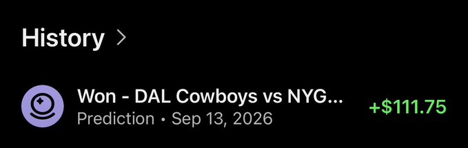 A betting history screen showing 'Won - DAL Cowboys vs NYG...' prediction on Sep 13, 2026, with a payout of +$111.75.