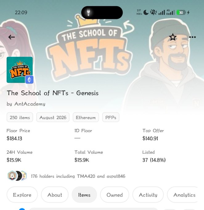 A mobile screenshot of an NFT collection page titled 'The School of NFTs – Genesis' by AntAcademy, showing 250 items on Ethereum with a floor price of $184.13, listed on August 2026.