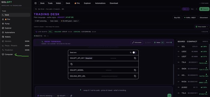 A screenshot of the $OLGPT 'Trading Desk' interface showing features like 'Desk Terminal', 'SLM reasoning', 'Wallet signs', 'SOLAND green', 'Plans 0.1', and a 'Board: Compact' with prices for SOL, USDC, TSLA, SNDX, HO, NVDA, ZUSDC, and TSLA.