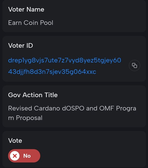 A dark-themed voting interface displays a dRep vote record from "Earn Coin Pool" (dRep ID: drep1yq8vjs7ute7z7vyd8yez5tgjey6043djfh8d3n7sjev35g064xxc) casting a "No" vote against the "Revised Cardano dOSPO and OMF Program Proposal." This screenshot serves as visual proof of the dRep's "No" vote, complementing the accompanying post's reference to the CardanoScan vote verification link.
