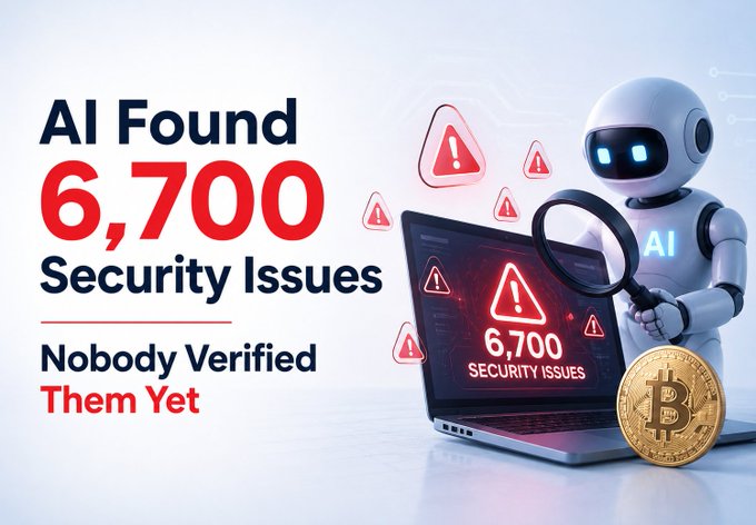 The image features a white AI robot with glowing blue eyes examining a laptop screen through a magnifying glass, surrounded by red warning triangle icons, with the text "AI Found 6,700 Security Issues" and "Nobody Verified Them Yet" alongside a Bitcoin coin. This visually reinforces the post's concern about Bitcoin Red Team's AI-driven security audit, which uncovered 6,700 findings—including 1,029 high/critical ones—across 425 Bitcoin projects in just 55 hours, raising alarm about the lack of human verification of these AI-generated results.