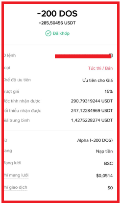 The image displays a Binance trading order panel for "-200 DOS" showing a matched sell order of 285.50456 USDT at a price range up to 290.79 USDT, with an Alpha tier offering a 15% interest rate. This relates to the post about Binance Alpha returning, as it showcases an active trade within that platform's order book.