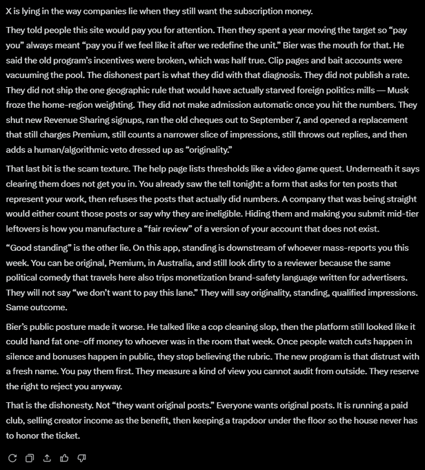 A screenshot of a lengthy text post criticizing a social media platform (referred to as 'X') for dishonesty regarding its monetization program, discussing changes to Revenue Sharing, clip pages, and bait accounts.