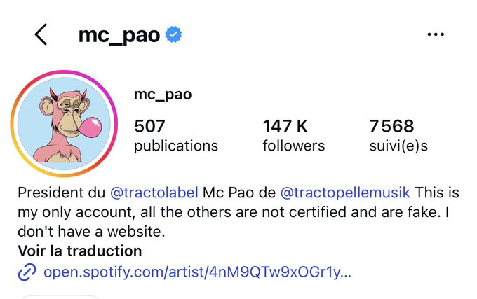 The image shows an Instagram profile for "mc_pao," a verified account with 147K followers, featuring a Bored Ape Yacht Club (BAYC) NFT as the profile picture. The bio describes him as the president of @tractolabel and Mc Pao of @tractopellemusik, with a Spotify link—aligning with the post's description of a French viral figure known for his lavish lifestyle and community generosity while still proudly displaying his BAYC avatar.