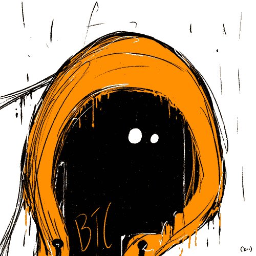 An abstract orange and black painting featuring a hooded figure with two small white eyes and the text 'BIL' written below.