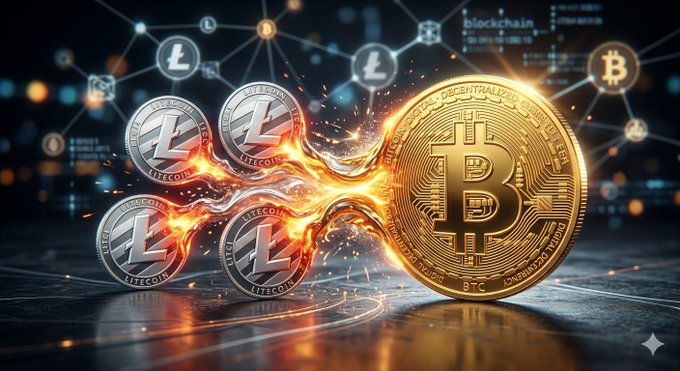 A digital rendering of Bitcoin and Litecoin coins colliding amidst fiery sparks, with a blockchain network and Bitcoin logo visible in the background.