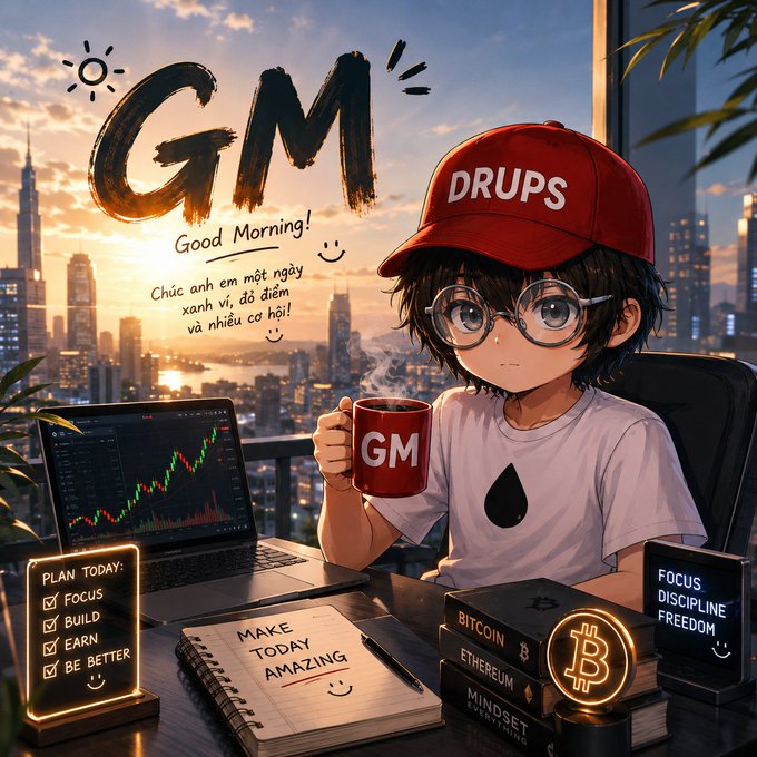 Anime-style illustration of a person wearing a red 'DRUPS' cap and glasses, holding a 'GM' mug at a desk with a laptop showing stock charts, books labeled 'BITCOIN' and 'ETHEREUM', and motivational signs like 'PLAN TODAY: FOCUS, BUILD, EARN, BE BETTER' and 'FOCUS DISCIPLINE FREEDOM' with 'GM Good Morning!' text.