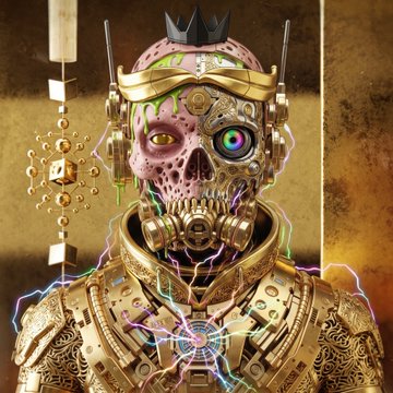 Digital artwork of a cyborg or steampunk-styled skull with mechanical and neon details, wearing a small crown.