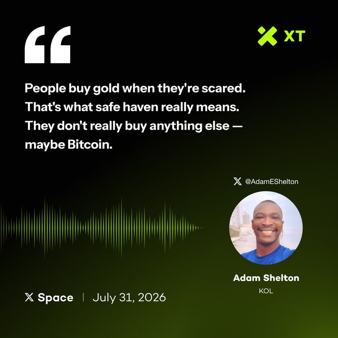 A graphic featuring a quote from XT X Space guest Adam Shelton (KOL) dated July 31, 2026, stating "People buy gold when they're scared. That's what safe haven really means. They don't really buy anything else — maybe Bitcoin," which visually supports the post's point that safe-haven status is driven by investor fear behavior rather than being a fixed asset category.