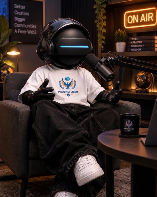 A robot wearing headphones and a VR headset sits in a podcast studio, wearing a white 'PHOENIX LIBER' t-shirt with an 'ON AIR' neon sign in the background.