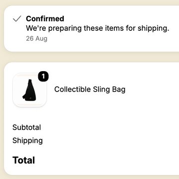 A confirmation screen displays an order for a "Collectible Sling Bag" being prepared for shipping on 26 Aug, with the subtotal, shipping, and total sections visible but uncalculated. This matches the post celebrating the successful acquisition of the Bored Ape YC Sling Bag drop.