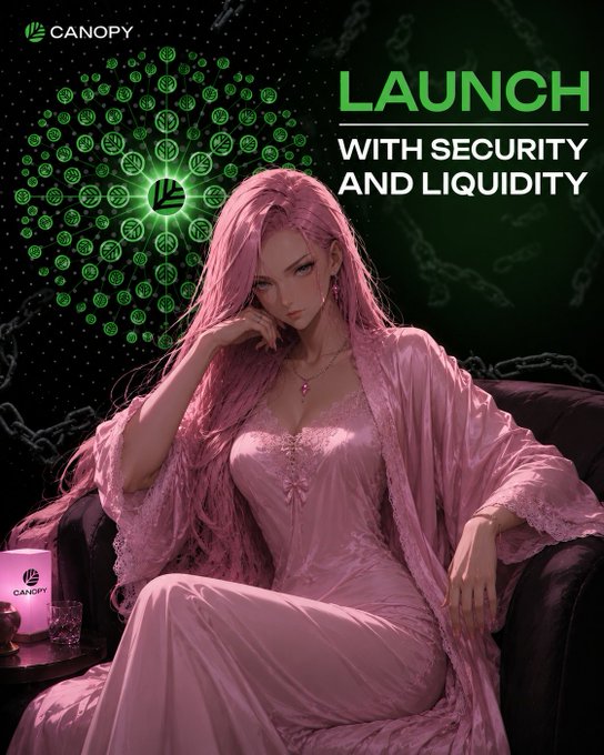 A promotional image for "CANOPY" titled "LAUNCH WITH SECURITY AND LIQUIDITY", showing a pink-haired anime-style woman in a pink nightgown sitting in a chair, with a candle and glass beside her against a background of green logos and chains.