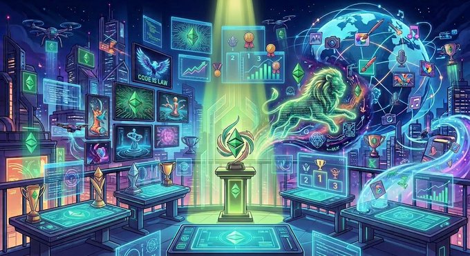 A vibrant, futuristic digital artwork depicting a glowing neon lion hologram surrounded by floating holographic screens, gaming icons, and trophy pedestals.