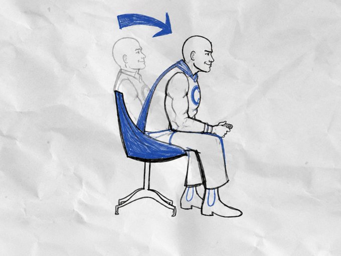A hand-drawn sketch on crumpled paper shows a person slumped forward in a chair, with a faded outline of their upright posture behind them and a blue arrow indicating the downward movement—visually capturing the feeling of being "locked in" and zoned out.