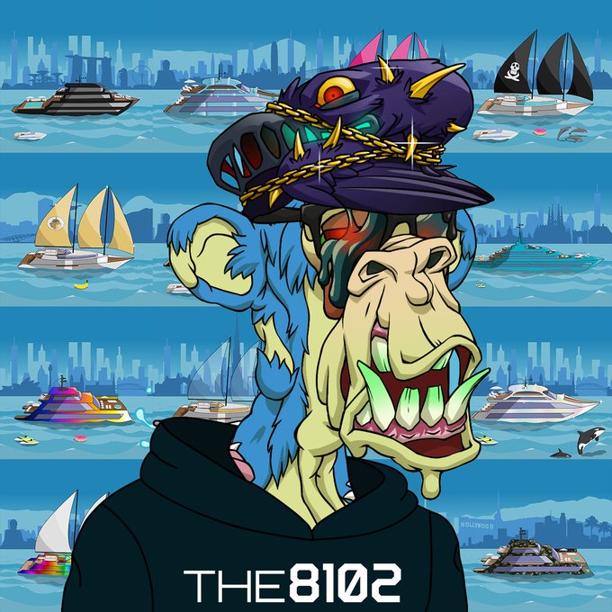 A cartoon illustration of a grotesque, multi-eyed character wearing a spiked purple cap and hoodie, set against a background of yachts on water, with 'THE8102' written at the bottom.