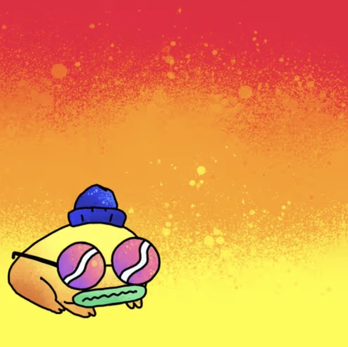 A cartoon character resembling a small animal wearing a blue beanie and tennis-ball patterned glasses, holding a green racket against a warm orange and red gradient background.