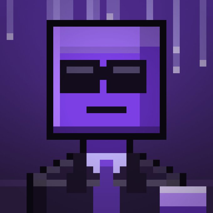 A pixel art illustration of a purple character with a rectangular head, wearing black sunglasses, a black suit, and a purple tie, set against a dark purple background with vertical lines.