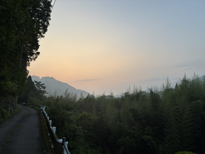 A scenic photograph of a road at sunset or sunrise, bordered by trees with a soft gradient sky and silhouetted mountains in the distance.