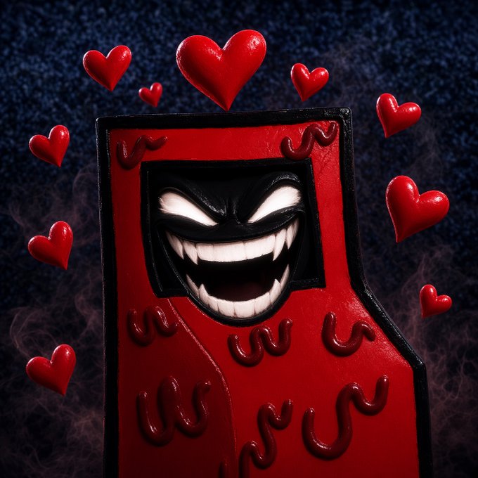 A stylized red and black character with a menacing grin, sharp fangs, and white glowing eyes is surrounded by floating glossy red hearts against a dark, smoky background — matching the post's humorous teaser of a "next generation Robinhood NFT Stock" concept, presented as a playful mock-up rather than an actual product.