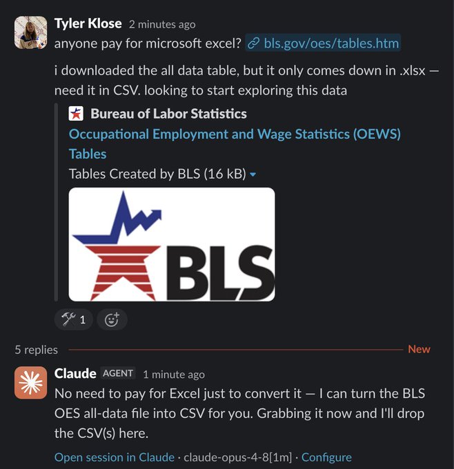 A Discord or chat screenshot showing a user named 'Tyler Klose' asking if anyone pays for Microsoft Excel to convert .xlsx to CSV, with a link to bls.gov/oes/tables.htm, and an AI agent 'Claude' replying it can convert the BLS OES file to CSV.
