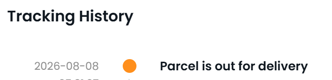 A parcel tracking notification showing the status 'Parcel is out for delivery' with the date '2026-08-08' under the heading 'Tracking History.'