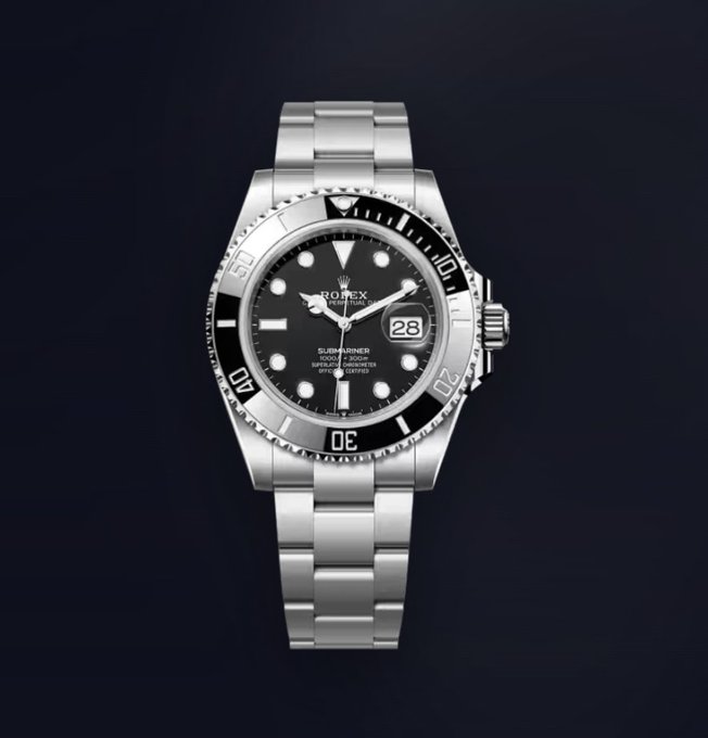 A Rolex Submariner watch with black dial and stainless steel bracelet displayed against a dark background.