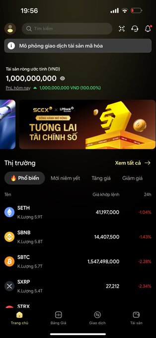 A screenshot of the SCEX mobile app showing a 1,000,000,000 VND trading account balance and a market list with top assets like SETH (41,197,000), SBNB (14,407,500), SBTC (1,547,498,000), SXRP (27,212), and STRX. The image promotes the "Future of Digital Finance" training and trading experience program, illustrating the platform's interface where users can sign up and begin simulated trading to compete for the over 1.6 billion VND prize pool.