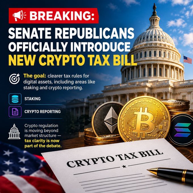 A 'BREAKING' news graphic announces 'SENATE REPUBLICANS OFFICIALLY INTRODUCE NEW CRYPTO TAX BILL' with bullet points on staking and crypto reporting alongside images of the Capitol, cryptocurrency coins, and a 'CRYPTO TAX BILL' document.