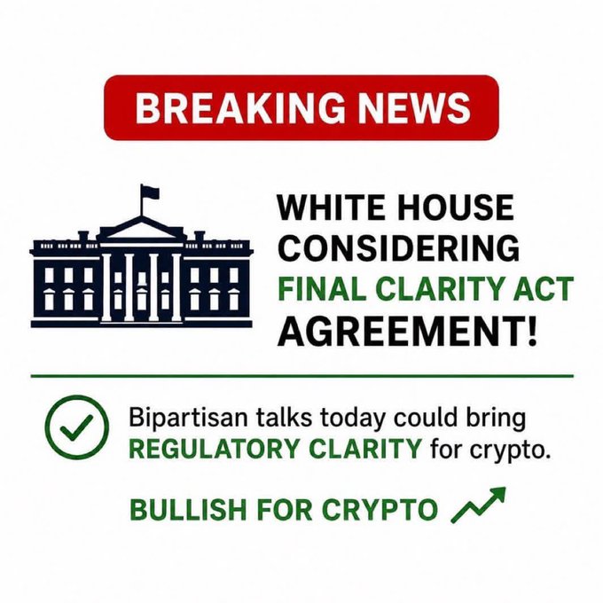 A 'BREAKING NEWS' graphic shows 'WHITE HOUSE CONSIDERING FINAL CLARITY ACT AGREEMENT!' with text stating bipartisan talks could bring regulatory clarity for crypto and labeling it 'BULLISH FOR CRYPTO'.