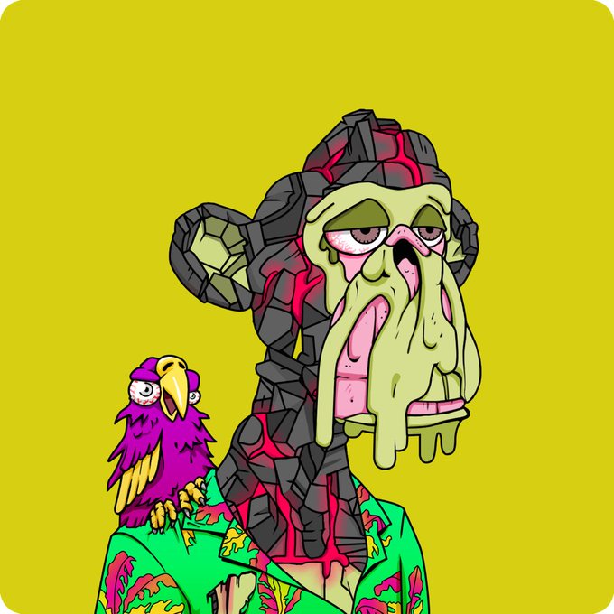 A colorful, surreal cartoon illustration of a figure with a melting green face and red-veined horned head, accompanied by a purple bird on its shoulder, against a yellow background.