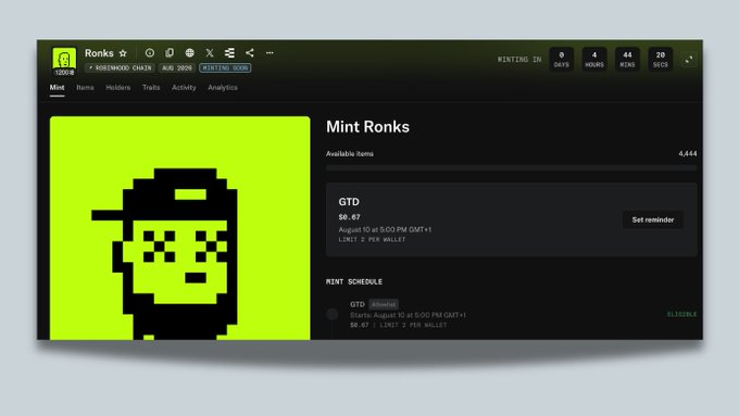 A webpage screenshot for a project called 'Mint Ronks' showing a pixel art character on a neon green background with minting schedule details and a price of $0.07.