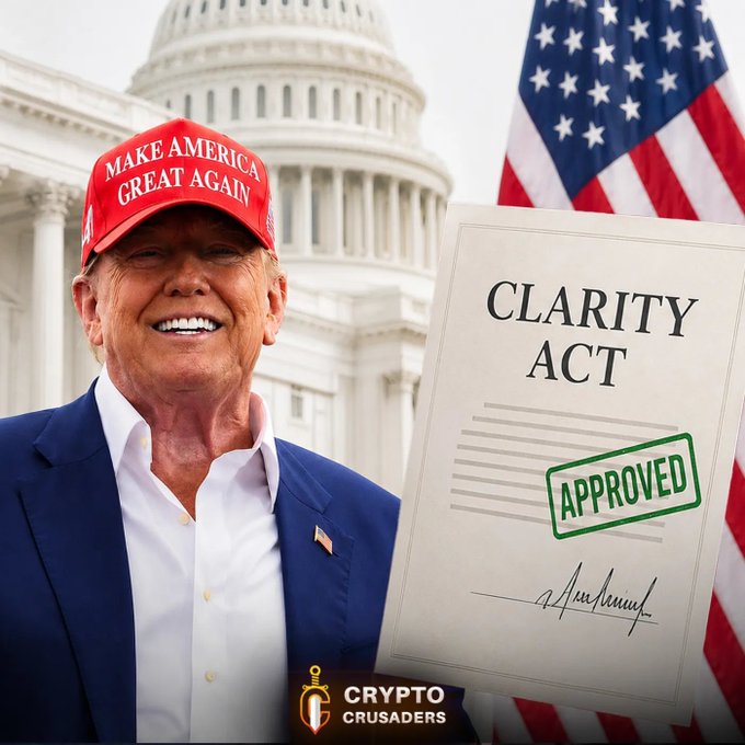 A political-style image showing Donald Trump in a "MAKE AMERICA GREAT AGAIN" hat smiling in front of the US Capitol, holding a document labeled "CLARITY ACT" stamped "APPROVED," with the "CRYPTO CRUSADERS" logo at the bottom.